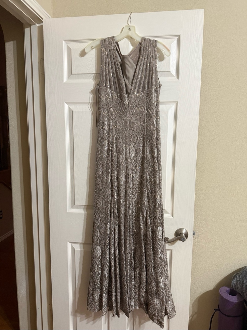 R&M Richards Taupe Sequin Lace Formal Maxi Dress – Size 8